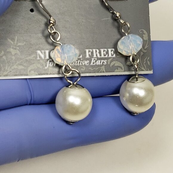 Silver tone Off-White, Blue Beads Drop Dangle Earrings- 1.75" - Jewelry - Picture 7 of 7